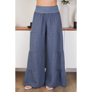 Milio-Milano Womens Blue Linen Tiered Wide Leg Boho Pants Italy Size L *Flaw
